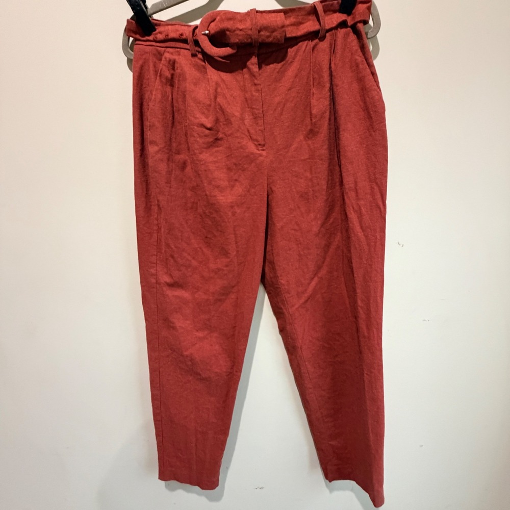Express Ankle Trousers Women 8 Rust Belted Linen Blend Minimalist Officeqer